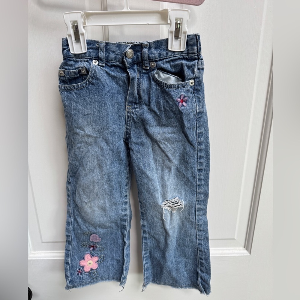 KRU 2T Girls Stylish Blue Jeans with Pink Floral Embroidery